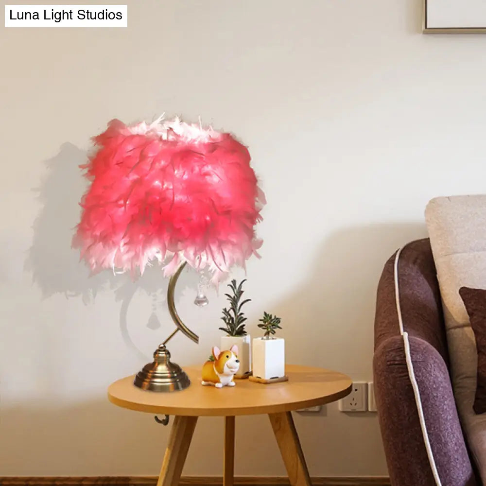 Contemporary White/Pink Tapered Table Lamp With Feather Shade And Crystal Drop