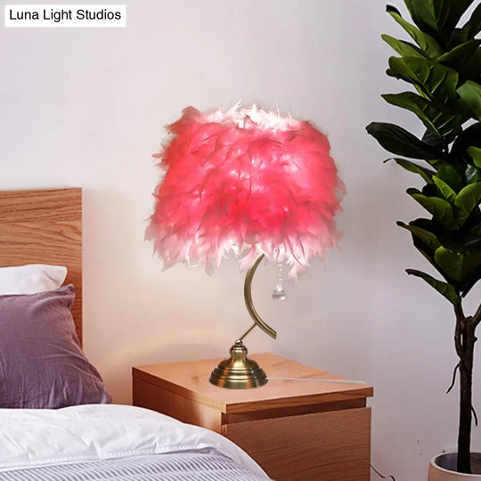 Contemporary White/Pink Tapered Table Lamp With Feather Shade And Crystal Drop