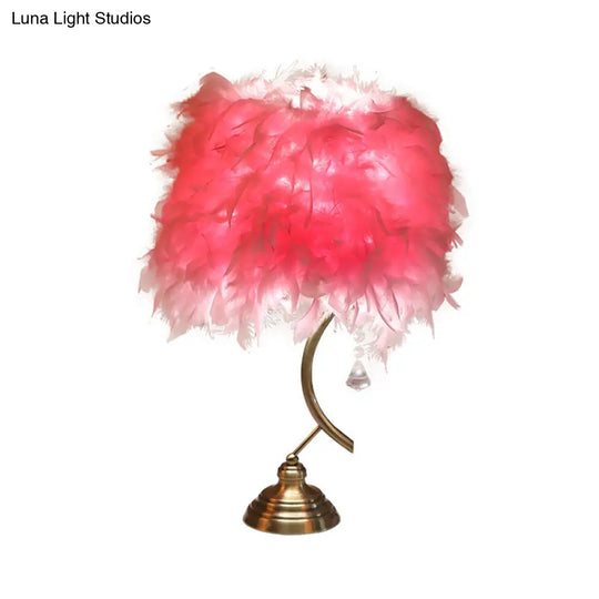 Contemporary White/Pink Tapered Table Lamp With Feather Shade And Crystal Drop