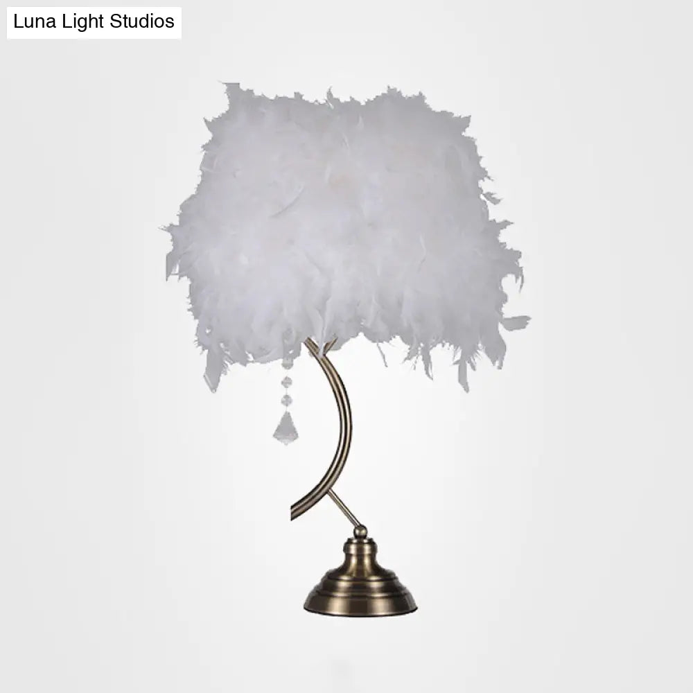 Contemporary White/Pink Tapered Table Lamp With Feather Shade And Crystal Drop