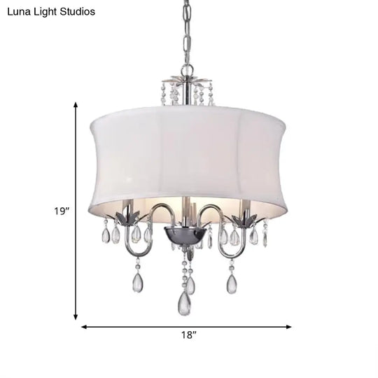 Contemporary White Fabric Chandelier Light - 3 Heads Pendant Lamp With Crystal Drop For Living Room