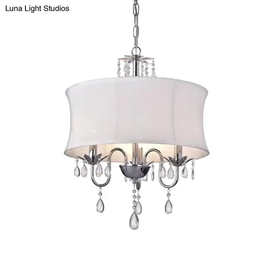 Contemporary White Fabric Chandelier Light - 3 Heads Pendant Lamp With Crystal Drop For Living Room