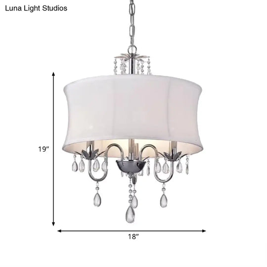 Contemporary White Round Chandelier With Crystal Drops - 3-Head Living Room Pendant Lamp