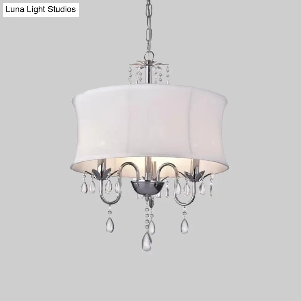 Contemporary White Round Chandelier With Crystal Drops - 3-Head Living Room Pendant Lamp