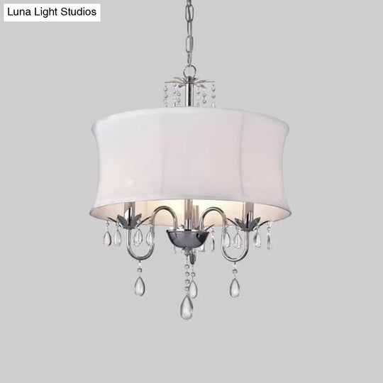 Contemporary White Round Chandelier With Crystal Drops - 3-Head Living Room Pendant Lamp