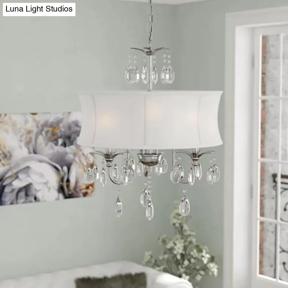 Contemporary White Fabric Chandelier Light - 3 Heads Pendant Lamp With Crystal Drop For Living Room