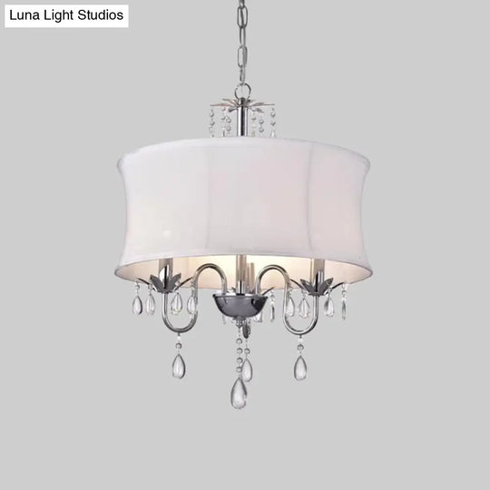 Contemporary White Fabric Chandelier Light - 3 Heads Pendant Lamp With Crystal Drop For Living Room