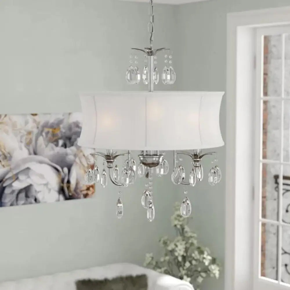 Contemporary White Round Chandelier With Crystal Drops - 3-Head Living Room Pendant Lamp