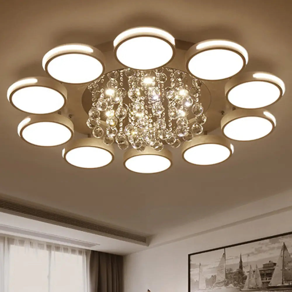 Contemporary White Round Crystal Led Ceiling Light - Flush Mount With Warm/White/3 Color Lighting /