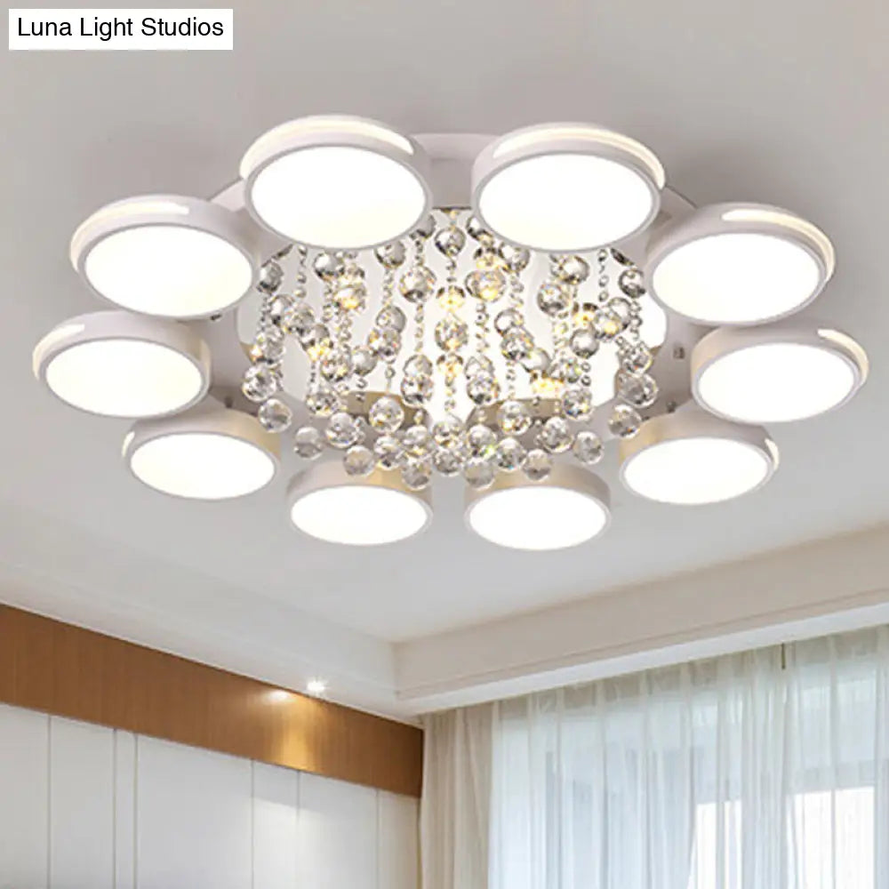 Contemporary White Round Crystal Led Ceiling Light - Flush Mount With Warm/White/3 Color Lighting /
