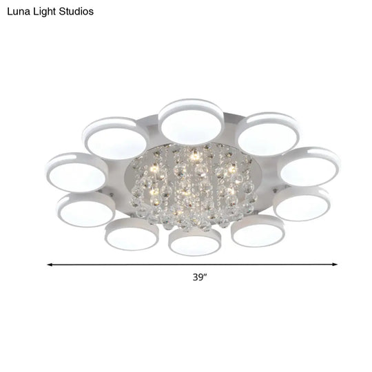 Contemporary White Round Crystal Led Ceiling Light - Flush Mount With Warm/White/3 Color Lighting