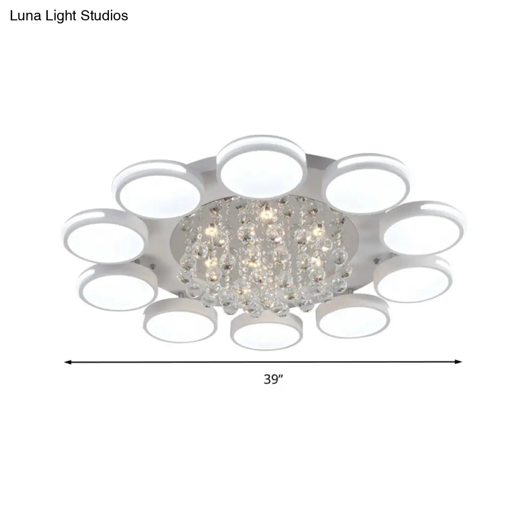 Contemporary White Round Crystal Led Ceiling Light - Flush Mount With Warm/White/3 Color Lighting