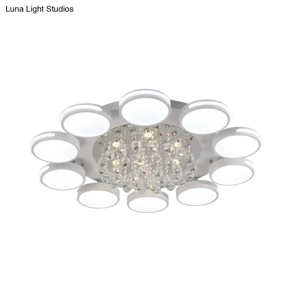 Contemporary White Round Crystal Led Ceiling Light - Flush Mount With Warm/White/3 Color Lighting