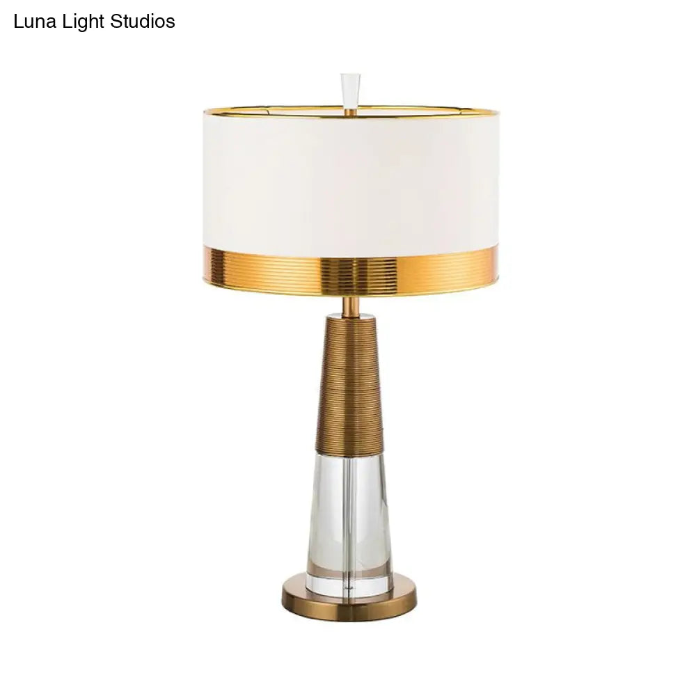 Contemporary White Table Lamp With Crystal Base - Drum Fabric Shade Nightstand Light