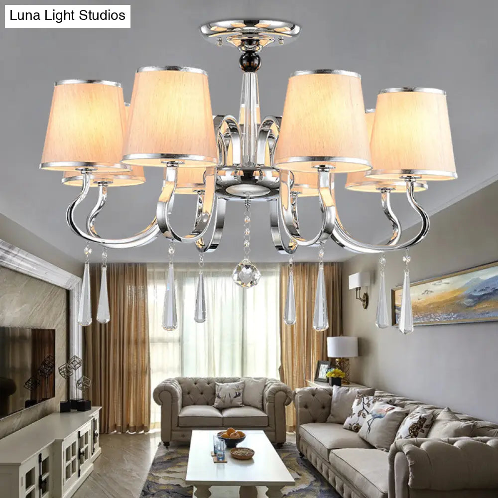 Contemporary White Tapered Chandelier Light - Pendant Lighting With Crystal Drop For Living Room