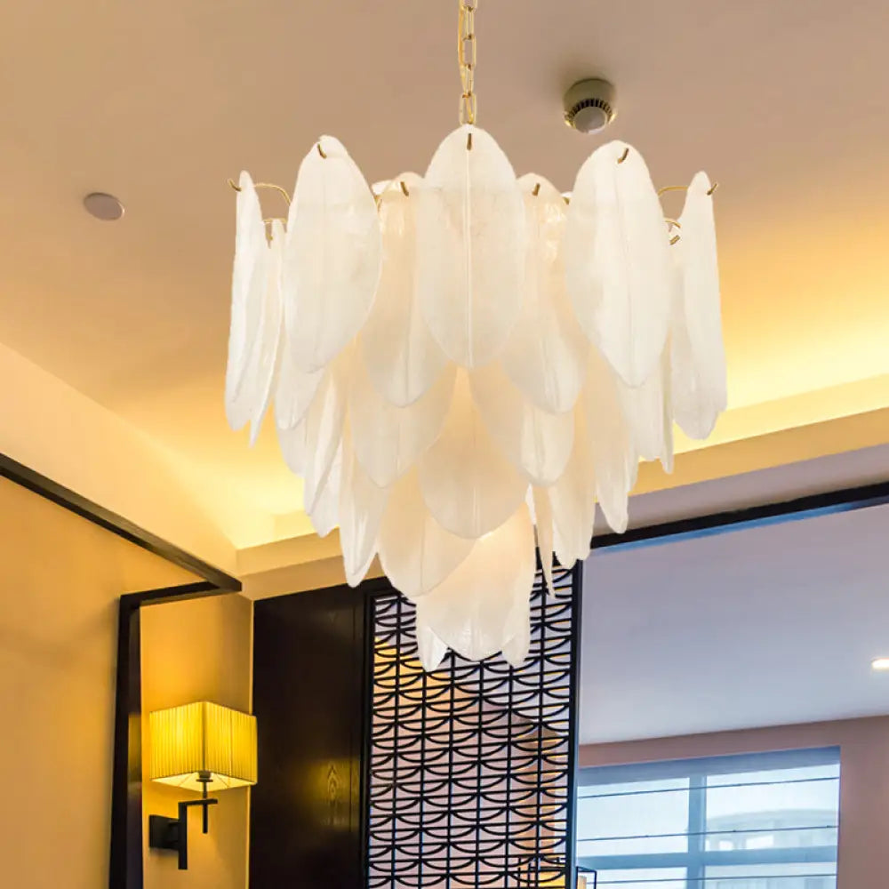 Contemporary White Textured Glass Leaf Pendant Chandelier - Gold Finish 6 Bulb Bedroom Suspension