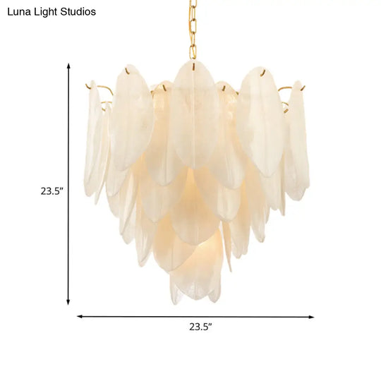 Contemporary White Textured Glass Leaf Pendant Chandelier - Gold Finish 6 Bulb Bedroom Suspension