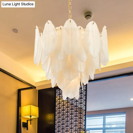 Contemporary White Textured Glass Leaf Chandelier With 6 Gold Bulbs For Bedroom Suspension Lighting