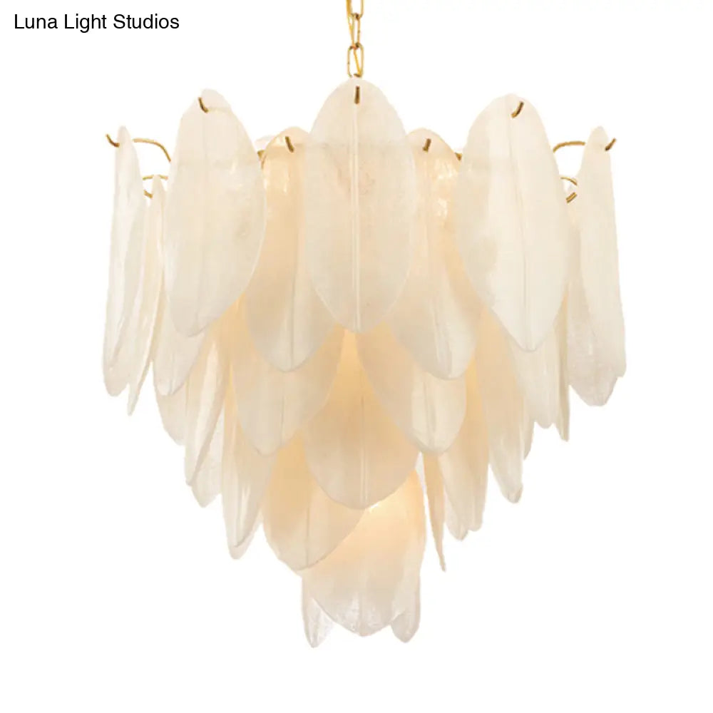 Contemporary White Textured Glass Leaf Pendant Chandelier - Gold Finish 6 Bulb Bedroom Suspension