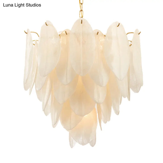 Contemporary White Textured Glass Leaf Pendant Chandelier - Gold Finish 6 Bulb Bedroom Suspension