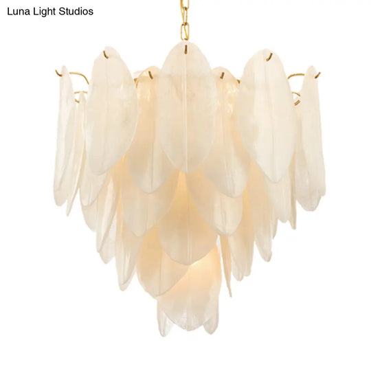 Contemporary White Textured Glass Leaf Chandelier With 6 Gold Bulbs For Bedroom Suspension Lighting