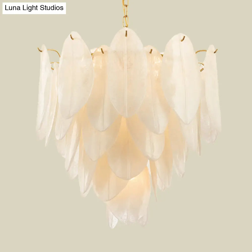 Contemporary White Textured Glass Leaf Chandelier With 6 Gold Bulbs For Bedroom Suspension Lighting