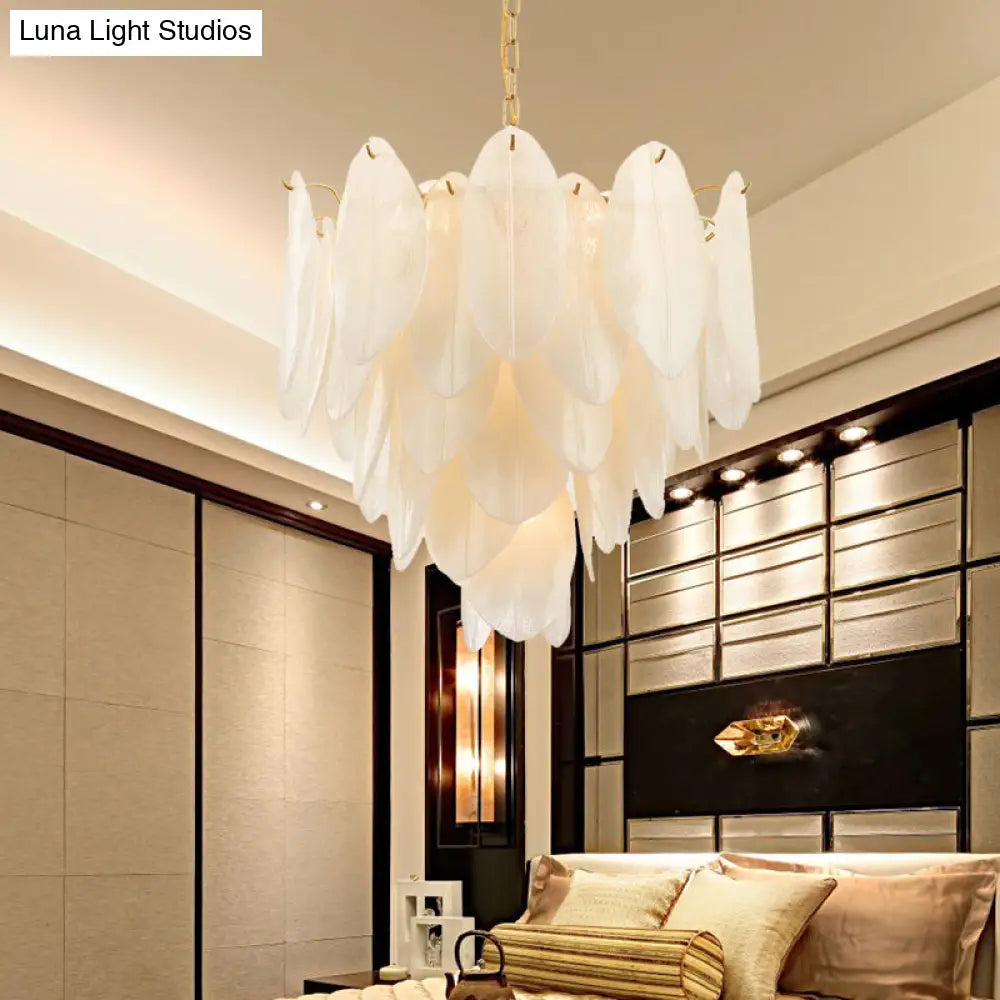 Contemporary White Textured Glass Leaf Pendant Chandelier - Gold Finish 6 Bulb Bedroom Suspension