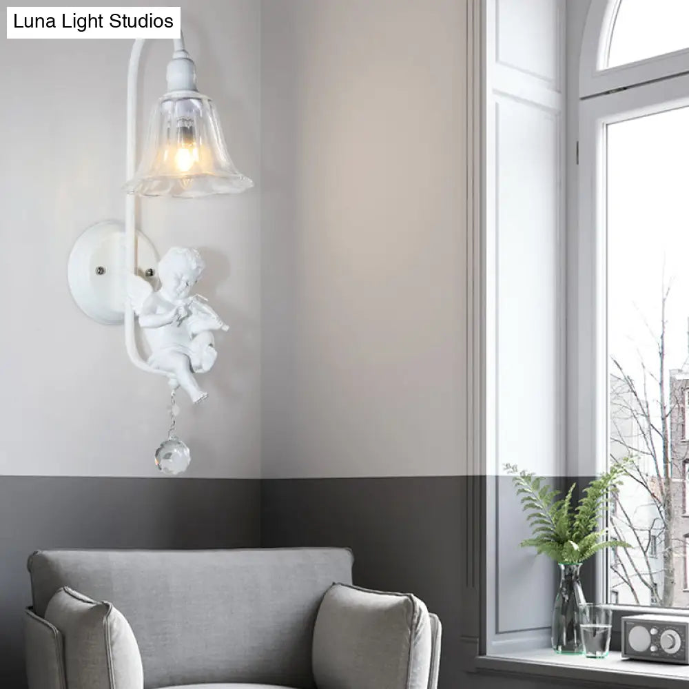 Contemporary White Wall Lamp With Bell Shade & Angel Design For Kids Room