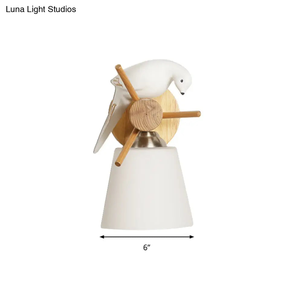 Contemporary White Wall Light With Bird Design For Library: Frosted Glass Tapered Shade Lamp