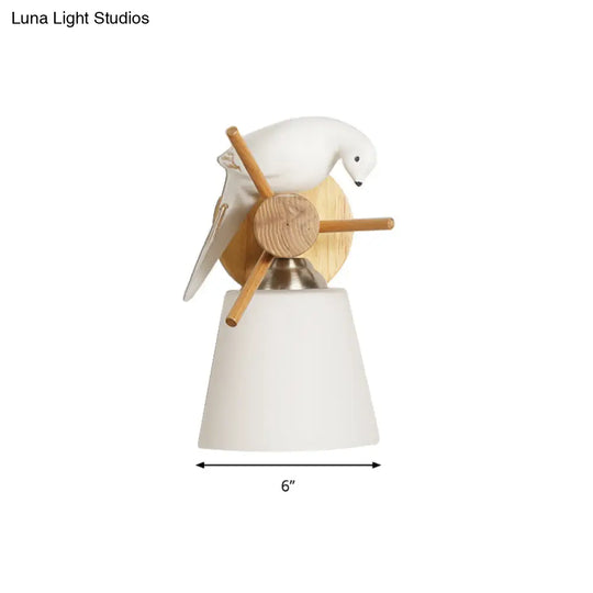 Contemporary White Wall Light With Bird Design For Library: Frosted Glass Tapered Shade Lamp