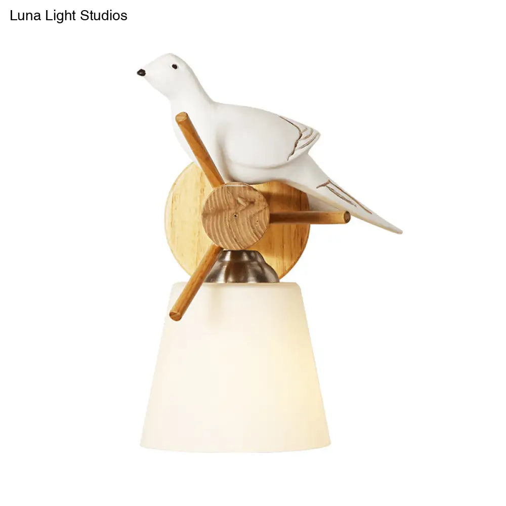 Contemporary White Wall Light With Bird Design For Library: Frosted Glass Tapered Shade Lamp