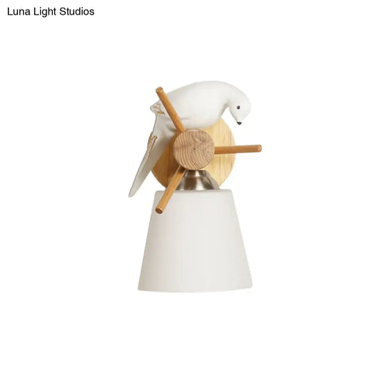 Contemporary White Wall Light With Bird Design For Library: Frosted Glass Tapered Shade Lamp