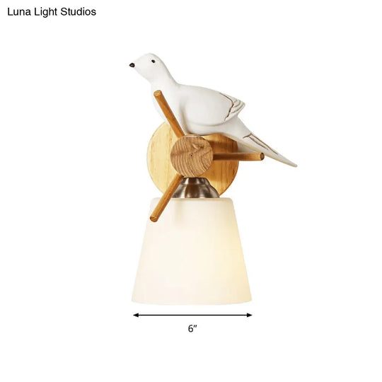 Contemporary White Wall Light With Bird Design For Library: Frosted Glass Tapered Shade Lamp