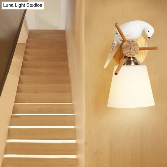 Contemporary White Wall Light With Bird Design For Library: Frosted Glass Tapered Shade Lamp