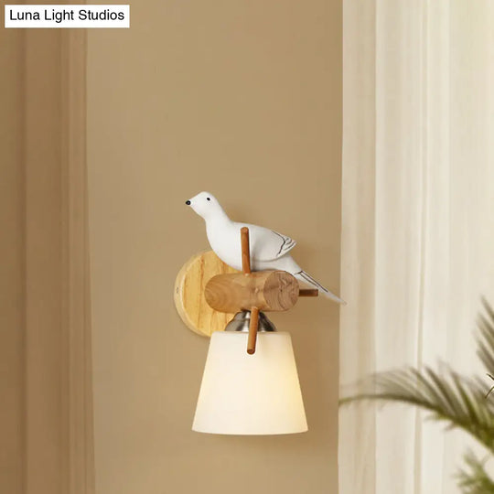 Contemporary White Wall Light With Bird Design For Library: Frosted Glass Tapered Shade Lamp