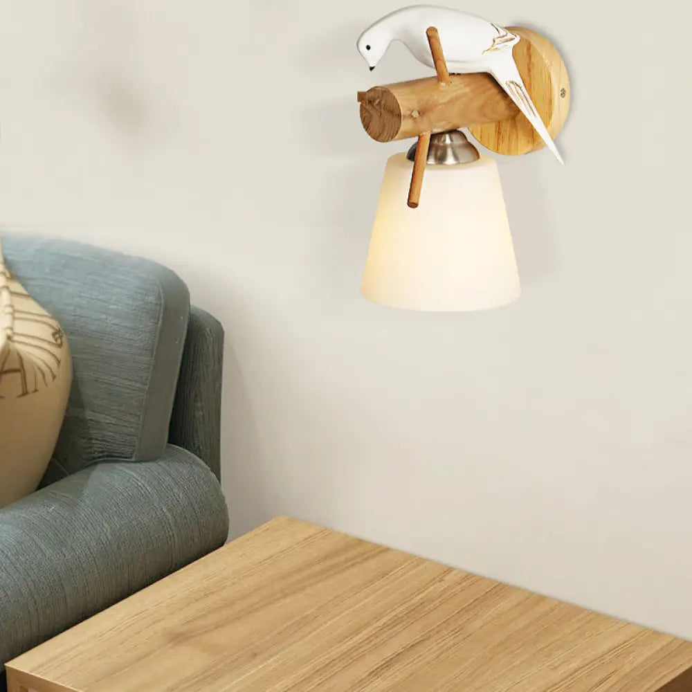 Contemporary White Wall Light With Bird Design For Library: Frosted Glass Tapered Shade Lamp / A