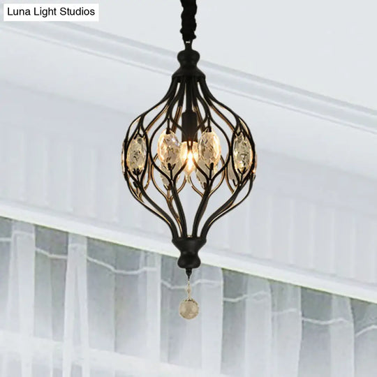 Contemporary Wire Cage Pendant Light With Crystal Accent And Black/Brass Finish