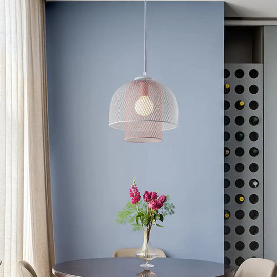 Contemporary Wire Mesh Pendant Lamp - Metallic 1 Light In White With Pink/Blue Hanging Design