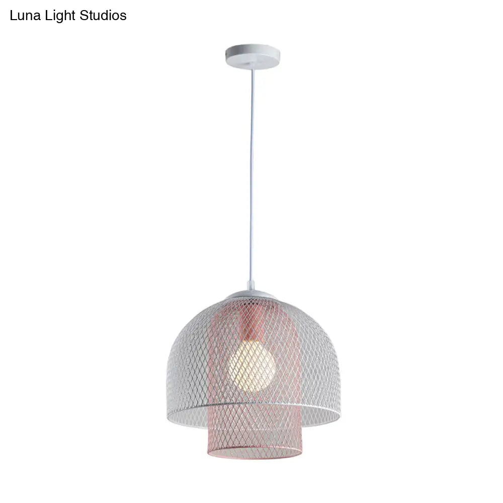 Contemporary Wire Mesh Pendant Lamp - Metallic 1 Light In White With Pink/Blue Hanging Design