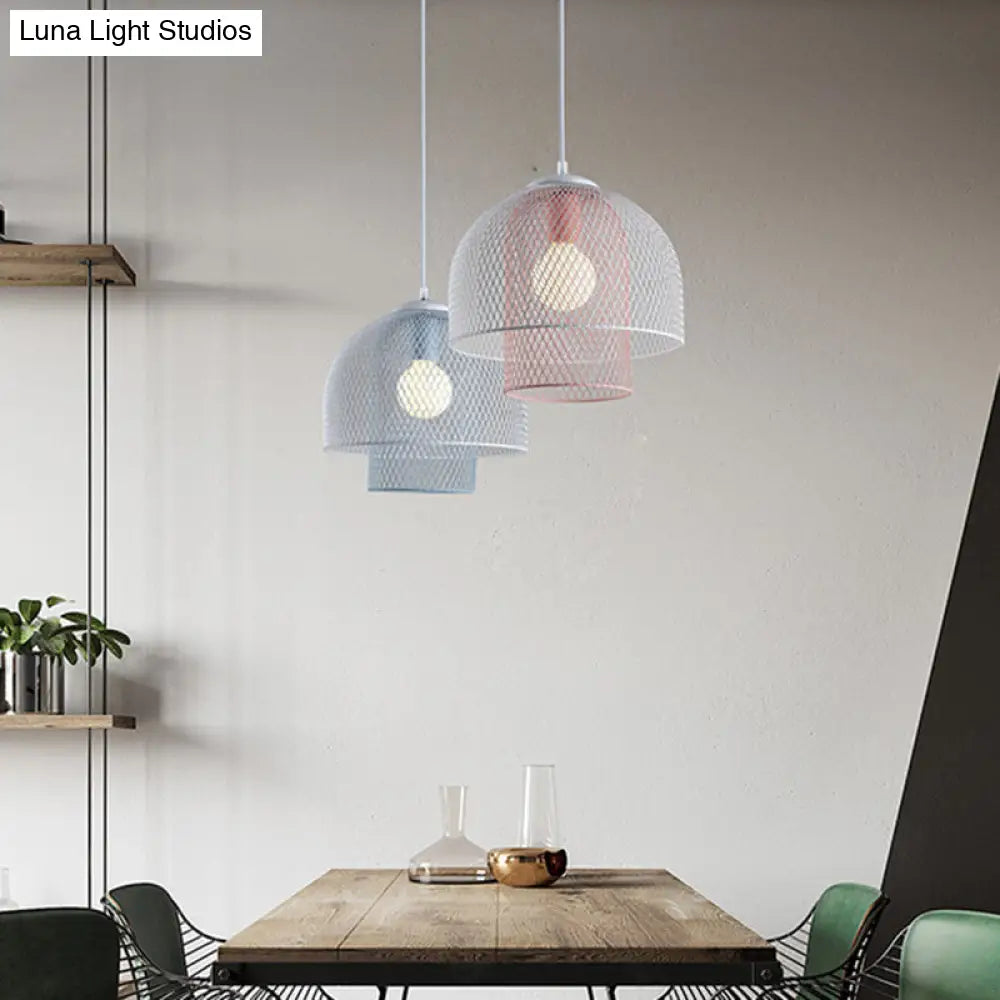 Contemporary Metallic Wire Mesh Pendant Lamp With 1 Light - White & Pink/White Blue Hanging