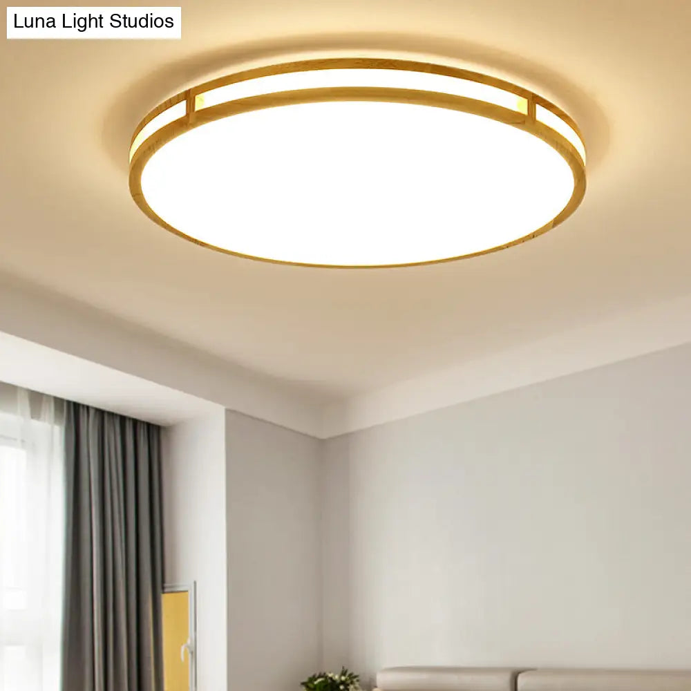 Contemporary Wood Beige Led Flush Mount Lamp - 14/16/19.5 Dia Circle With Acrylic Diffuser