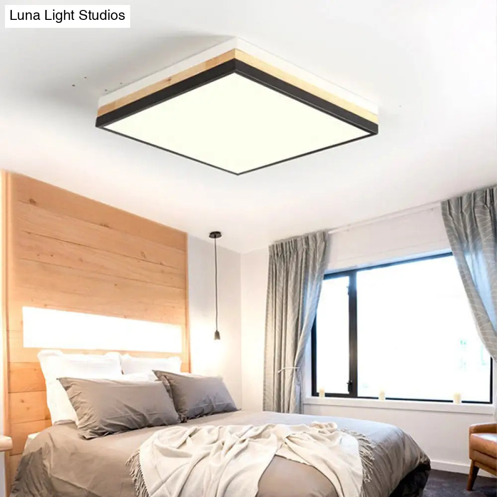 Contemporary Wood Black Led Flush Mount Lamp - Wide Square Design (16’/19.5’/23.5’)