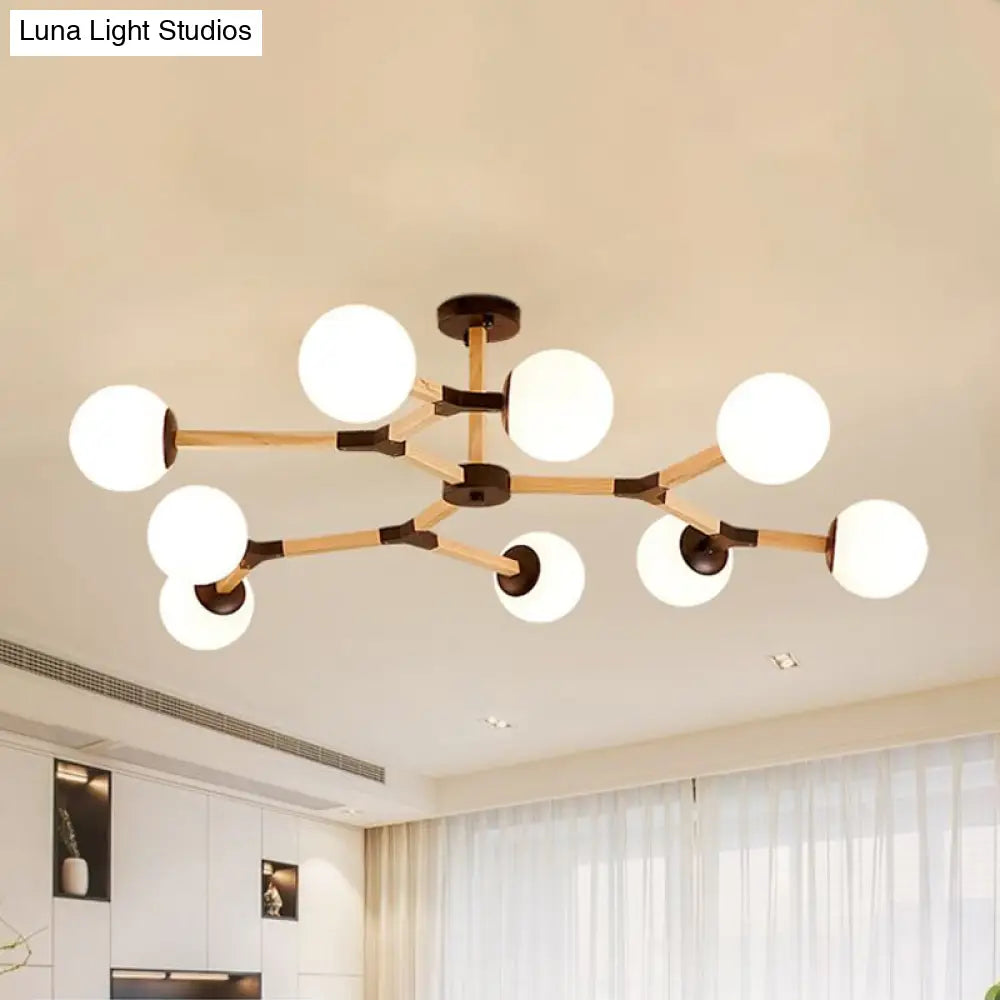 Contemporary Wood Branch Chandelier With White/Black/Gold Finish 3/6/9 Lights And White Glass Shade