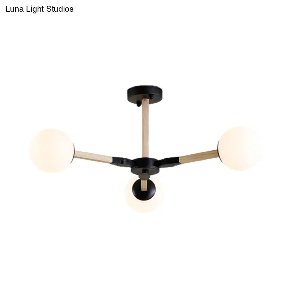 Contemporary Wood Branch Chandelier With White/Black/Gold Finish 3/6/9 Lights And White Glass Shade