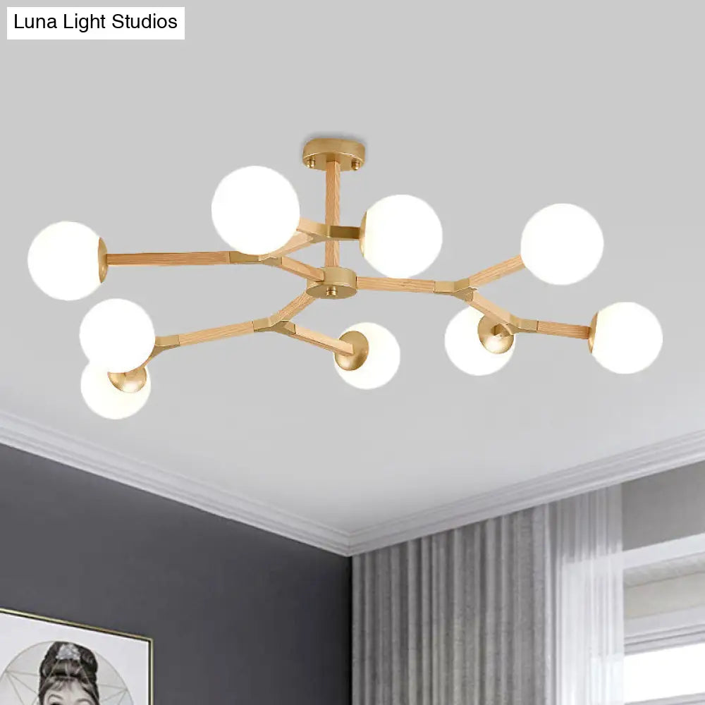 Contemporary Wood Branch Chandelier With White/Black/Gold Finish 3/6/9 Lights And White Glass Shade