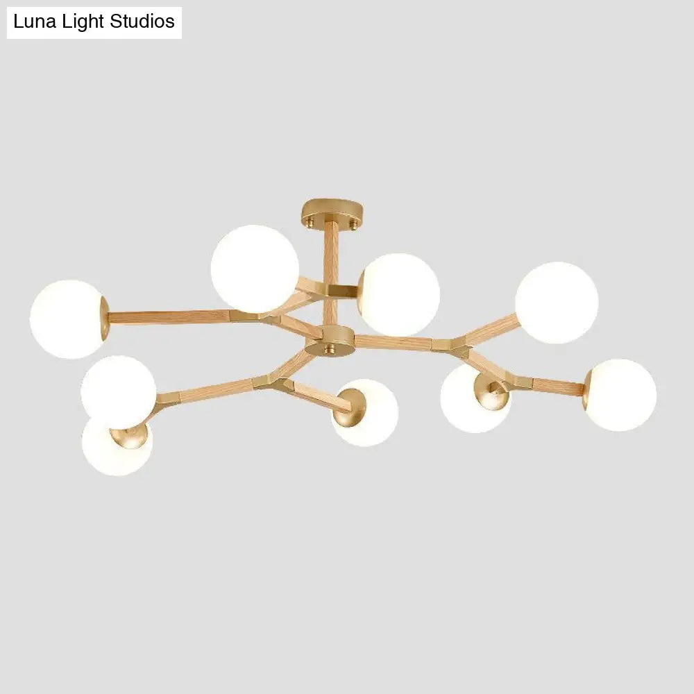 Contemporary Wood Branch Chandelier With White/Black/Gold Finish 3/6/9 Lights And White Glass Shade