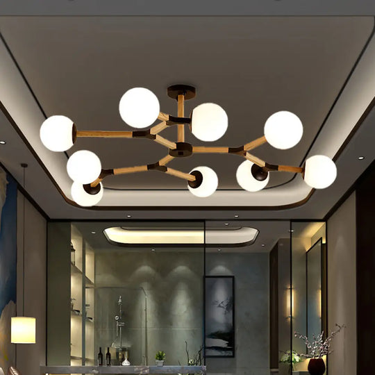 Contemporary Wood Branch Chandelier With White/Black/Gold Finish 3/6/9 Lights And White Glass Shade