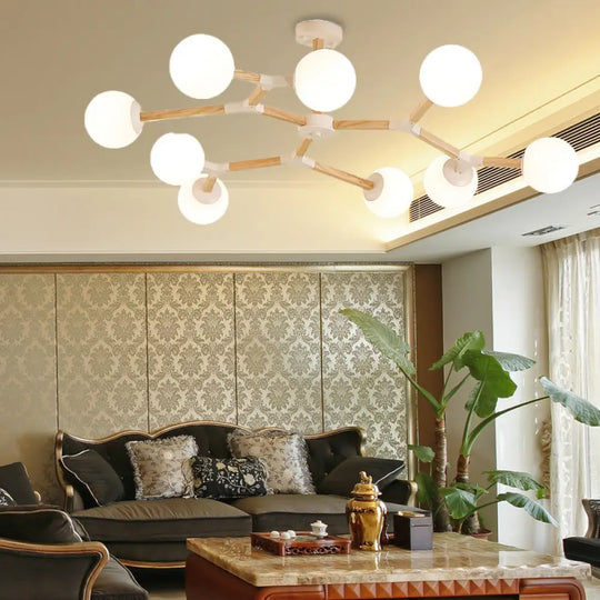 Contemporary Wood Branch Chandelier With White/Black/Gold Finish 3/6/9 Lights And White Glass Shade