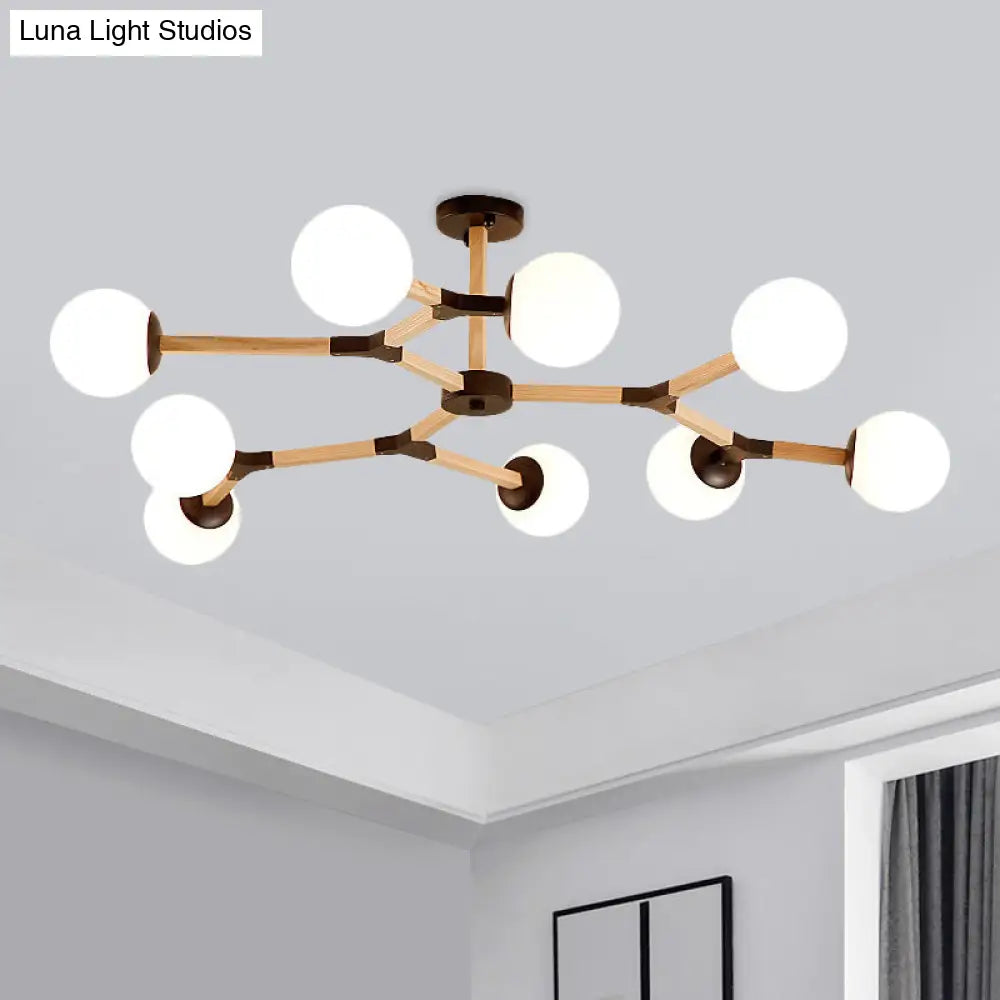 Contemporary Wood Branch Chandelier With White/Black/Gold Finish 3/6/9 Lights And White Glass Shade