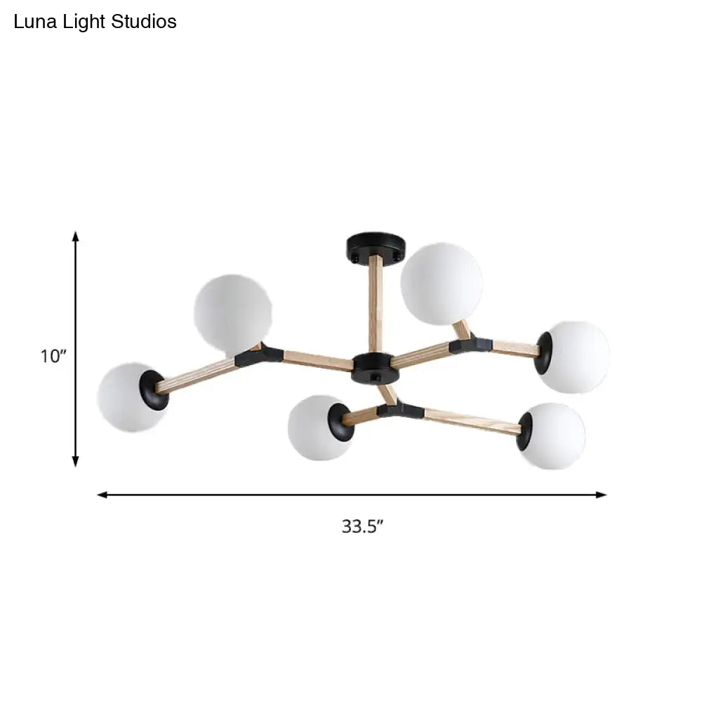 Contemporary Wood Branch Chandelier With White/Black/Gold Finish 3/6/9 Lights And White Glass Shade